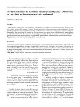 Checklist Delle Specie Dei Mammiferi Italiani (Esclusi Mysticeti E Odontoceti): Un Contributo Per La Conservazione Della Biodiversità