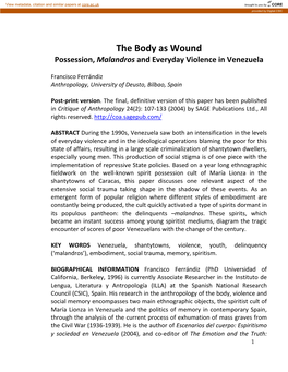 The Body As Wound Possession, Malandros and Everyday Violence in Venezuela