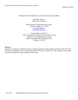 __02/14/10__ Working with Fermi at Chicago and Los Alamos.Doc 1