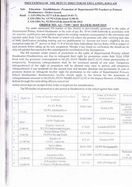 Proceedings of the Deputy Director of Education, Kollam