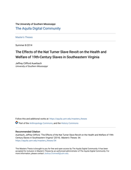 The Effects of the Nat Turner Slave Revolt on the Health and Welfare of 19Th-Century Slaves in Southeastern Virginia