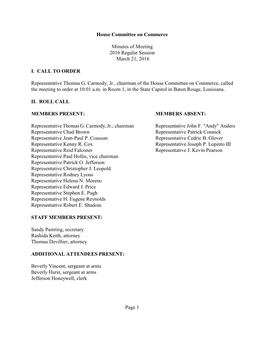 House Committee on Commerce Minutes of Meeting 2016 Regular