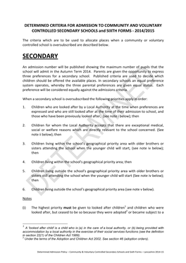 Determined Admission Policy – Community & Voluntary Controlled Secondary Schools and Sixth Forms – Lancashire 2014-15