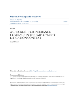 A CHECKLIST for INSURANCE COVERAGE in the EMPLOYMENT LITIGATION CONTEXT Larry M