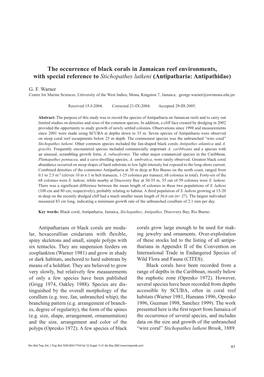 The Occurrence of Black Corals in Jamaican Reef Environments, with Special Reference to Stichopathes Lutkeni (Antipatharia: Antipathidae)