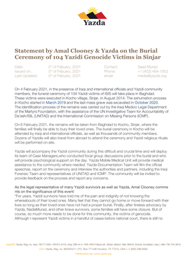 Statement by Amal Clooney & Yazda on the Burial Ceremony of 104 Yazidi Genocide Victims in Sinjar