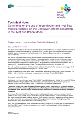 Technical Note: Comments on the Use of Groundwater and River Flow Models, Focused on the Candover Stream Simulation in the Test and Itchen Model