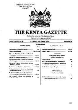 THE KENYA GAZETTE Published by Authority of the Republic of Kenya (Registered As a Newspaper at the 02.0.) � Vol