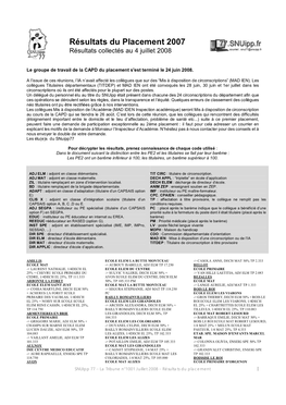 Résultats Du Placement 2007 Résultats Collectés Au 4 Juillet 2008