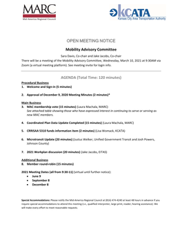 OPEN MEETING NOTICE Mobility Advisory Committee AGENDA