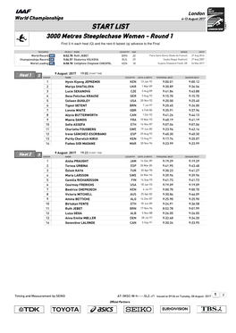 START LIST 3000 Metres Steeplechase Women - Round 1 First 3 in Each Heat (Q) and the Next 6 Fastest (Q) Advance to the Final