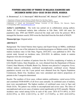 Further Analyses of Trends in Malaria Diagnoses and Incidence Rates (2014-2018) in Edo State, Nigeria