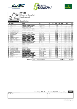 FIA WEC 6 Hours of Shanghai Free Practice 2 Classification