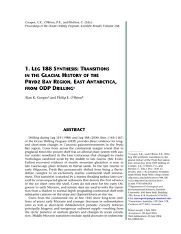 1. Leg 188 Synthesis: Transitions in the Glacial History of the Prydz Bay Region, East Antarctica, from Odp Drilling1