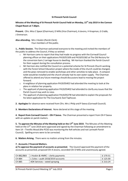 Minutes of the Meeting of St Pinnock Parish Council Held on Monday, 15Th July 2019 in the Connon Chapel Room at 7.30Pm