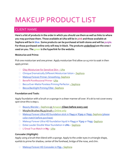 Makeup Product List