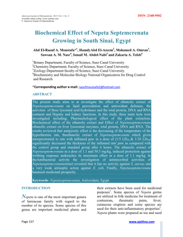 Biochemical Effect of Nepeta Septemcrenata Growing in South Sinai, Egypt