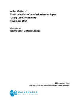 “Using Land for Housing” November 2014 Waimakariri District Counc