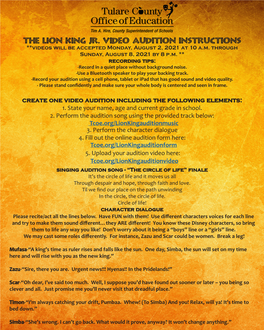 The Lion King Jr. Video Audition Instructions **Videos Will Be Accepted Monday, August 2, 2021 at 10 A.M