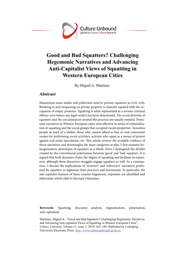 Good and Bad Squatters? Challenging Hegemonic Narratives and Advancing Anti-Capitalist Views of Squatting in Western European Cities