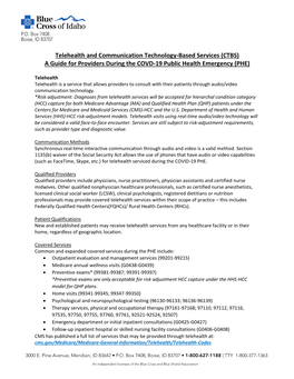 Telehealth and Communication Technology-Based Services (CTBS) a Guide for Providers During the COVD-19 Public Health Emergency (PHE)