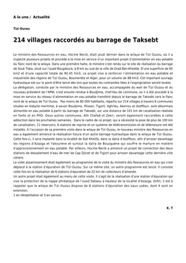 214 Villages Raccordés Au Barrage De Taksebt