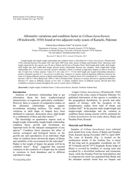 Allometric Variations and Condition Factor in Cellana Karachiensis (Winckworth, 1930) Found at Two Adjacent Rocky Coasts of Karachi, Pakistan