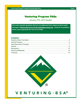 Venturing Program Faqs January 27Th, 2015 Update