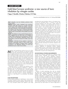 Cold Blast Furnace Syndrome: a New Source of Toxic Inhalation by Nitrogen Oxides I Tague, P Llewellin, K Burton, R Buchan, D H Yates