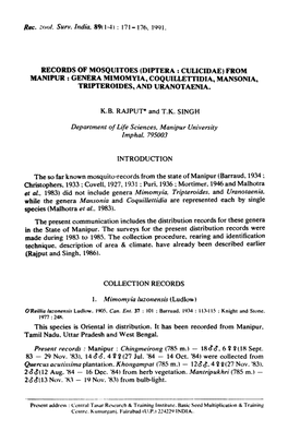 (Diptera : Culicidae) from Manipur : Genera Mimomyia, Coquillettidia, Mansonia, Tripteroides, and Uranotaenia