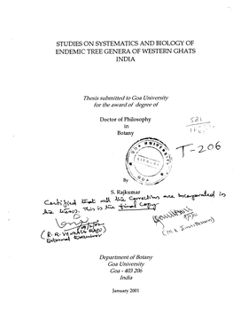 Studies on Systematics and Biology of Endemic Tree Genera of Western Ghats India