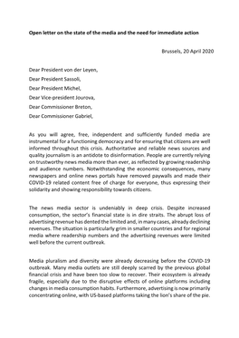 Open Letter on the State of the Media and the Need for Immediate Action Brussels, 20 April 2020 Dear President Von Der Leyen, De