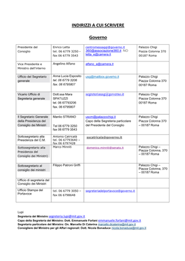 INDIRIZZI a CUI SCRIVERE Governo