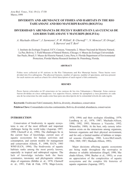 Diversity and Abundance of Fishes and Habitats in the Rio Tahuamanu and Rio Manuripi Basins (Bolivia)