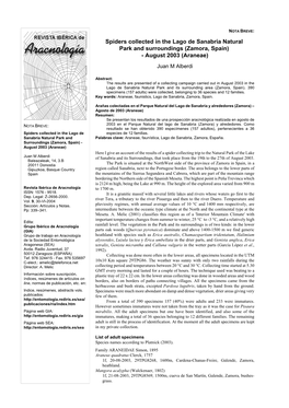 Spiders Collected in the Lago De Sanabria Natural Park and Surroundings (Zamora, Spain) - August 2003 (Araneae) Juan M Alberdi