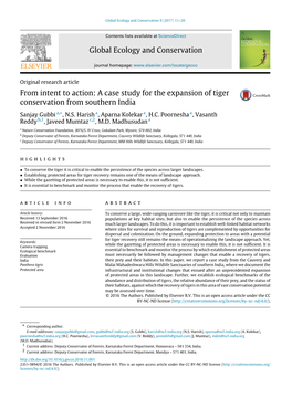 From Intent to Action: a Case Study for the Expansion of Tiger Conservation from Southern India Sanjay Gubbi A,∗, N.S