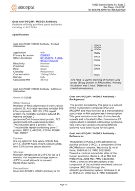 Goat Anti-PCQAP / MED15 Antibody Peptide-Affinity Purified Goat Antibody Catalog # Af1798a