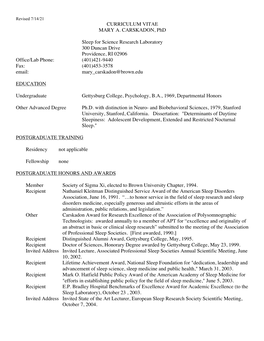 CURRICULUM VITAE MARY A. CARSKADON, Phd Sleep For