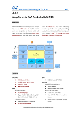 Allwinner Technology CO., Ltd. A13 Manycore Lite Soc for Android 4.0