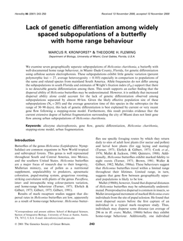 Lack of Genetic Differentiation Among Widely Spaced Subpopulations of a Butter¯Y with Home Range Behaviour