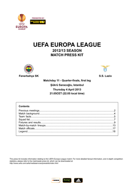 Uefa Europa League 2012/13 Season Match Press Kit