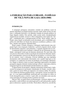 A Emigração Para O Brasil. Famílias De Vila Nova De Gaia (1834-1900)