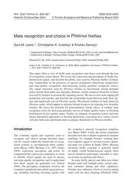 Mate Recognition and Choice in Photinus Fireflies