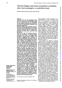 Chronic Fatigue and Minor Psychiatric Morbidity J Neurol Neurosurg Psychiatry: First Published As 10.1136/Jnnp.60.5.504 on 1 May 1996