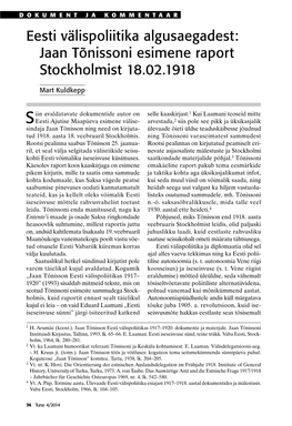 Eesti Välispoliitika Algusaegadest: Jaan Tõnissoni Esimene Raport Stockholmist 18.02.1918