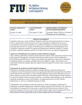 Authorization, Modification, and Assessment of Certificate Programs That Award Academic Credit # 380.103