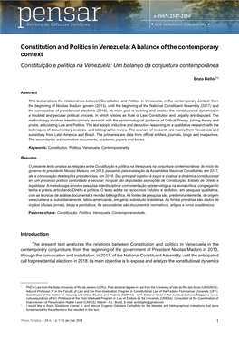 Constitution and Politics in Venezuela: a Balance of the Contemporary Context DOI: 10.5020/2317-2150.2019.7661
