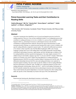 Paired Associate Learning Tasks and Their Contribution to Reading Skills