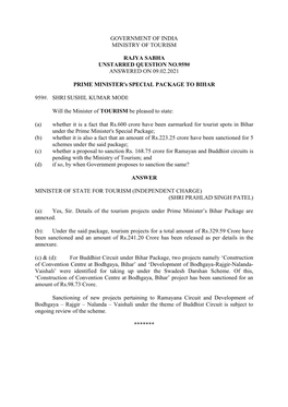 GOVERNMENT of INDIA MINISTRY of TOURISM RAJYA SABHA UNSTARRED QUESTION NO.959# ANSWERED on 09.02.2021 PRIME MINISTER's SPECIAL P