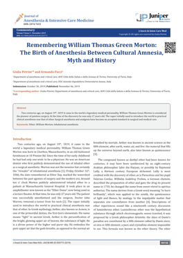 Remembering William Thomas Green Morton: the Birth of Anesthesia Between Cultural Amnesia, Myth and History